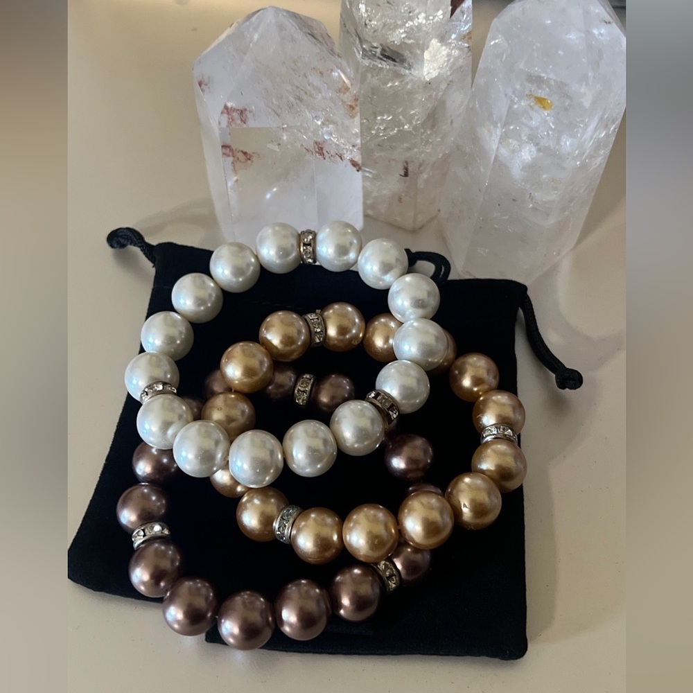 Set of 3 Champagne/ Brown / Off white Pearls with rhinestones Bracelets